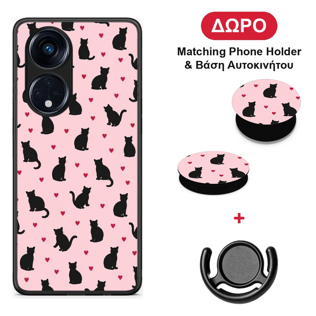 Black Cat Silhouettes and Hearts on Pink - Oppo A98 θήκη + Δώρο Phone Holder & Βάση Αυτοκινήτου