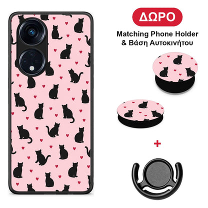 Black Cat Silhouettes and Hearts on Pink - Oppo A98 θήκη + Δώρο Phone Holder & Βάση Αυτοκινήτου