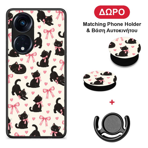 Black Kittens and Pink Bows on Cream Small - Oppo A98 θήκη + Δώρο Phone Holder & Βάση Αυτοκινήτου