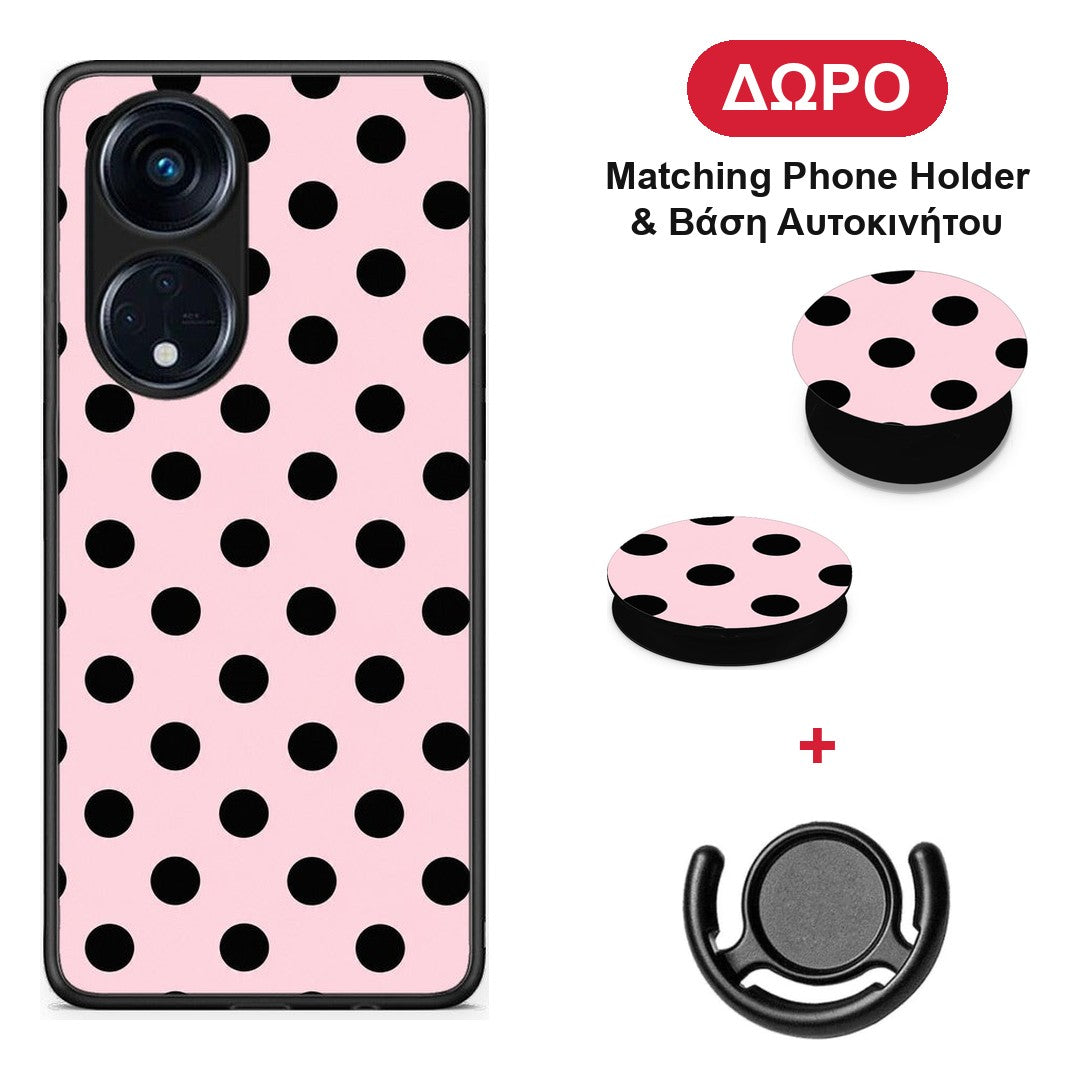 Black Polka Dots on Pink - Oppo A98 θήκη + Δώρο Phone Holder & Βάση Αυτοκινήτου