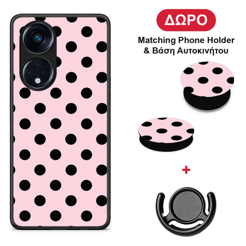 Black Polka Dots on Pink - Oppo A98 θήκη + Δώρο Phone Holder & Βάση Αυτοκινήτου