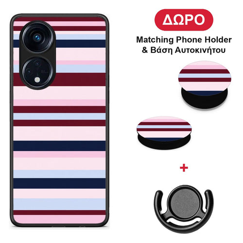 Burgundy Pink and Blue Horizontal Stripes - Oppo A98 θήκη + Δώρο Phone Holder & Βάση Αυτοκινήτου