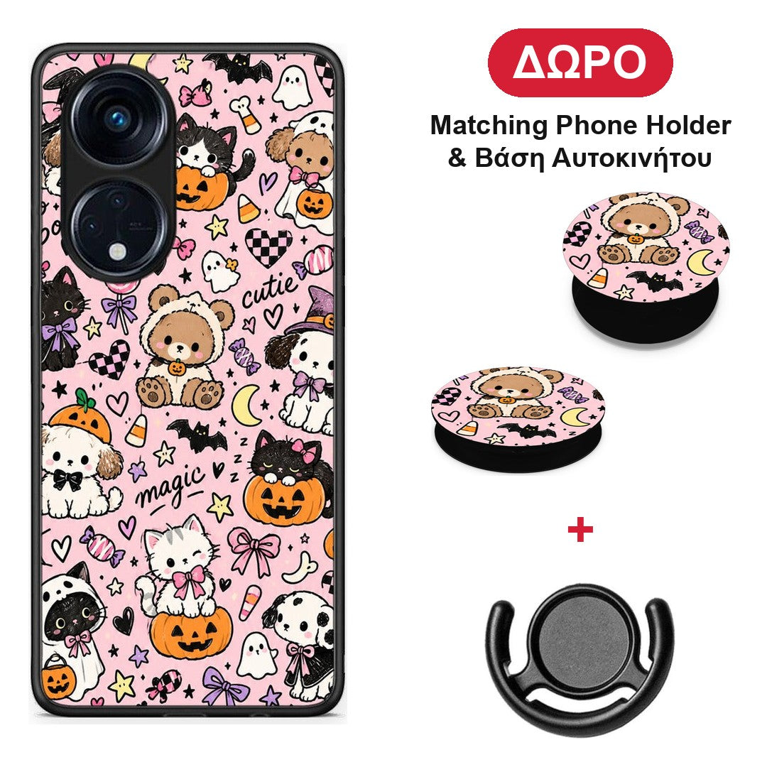 Halloween Cute Animals on Pink - Oppo A98 θήκη + Δώρο Phone Holder & Βάση Αυτοκινήτου