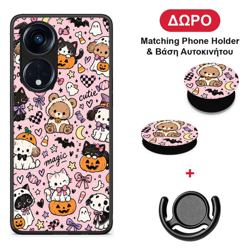 Halloween Cute Animals on Pink - Oppo A98 θήκη + Δώρο Phone Holder & Βάση Αυτοκινήτου