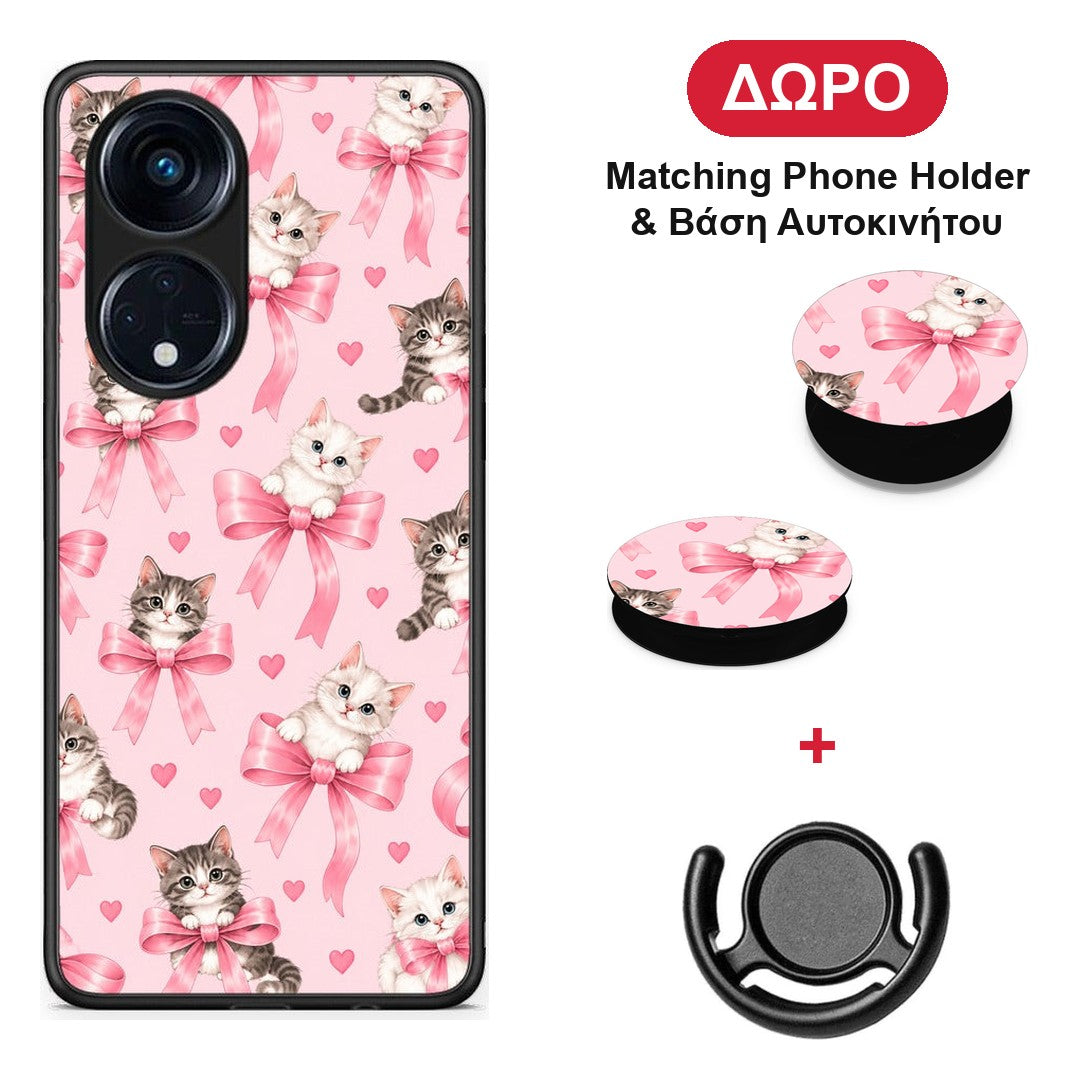 Kittens and Pink Bows on Pink - Oppo A98 θήκη + Δώρο Phone Holder & Βάση Αυτοκινήτου