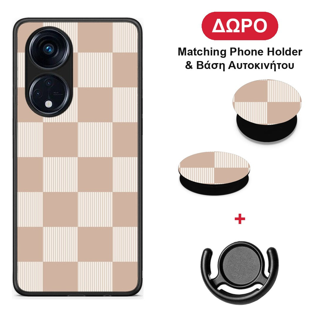 Latte and Cream Striped Checks - Oppo A98 θήκη + Δώρο Phone Holder & Βάση Αυτοκινήτου