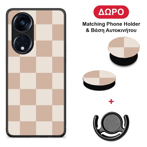 Latte and Cream Striped Checks - Oppo A98 θήκη + Δώρο Phone Holder & Βάση Αυτοκινήτου