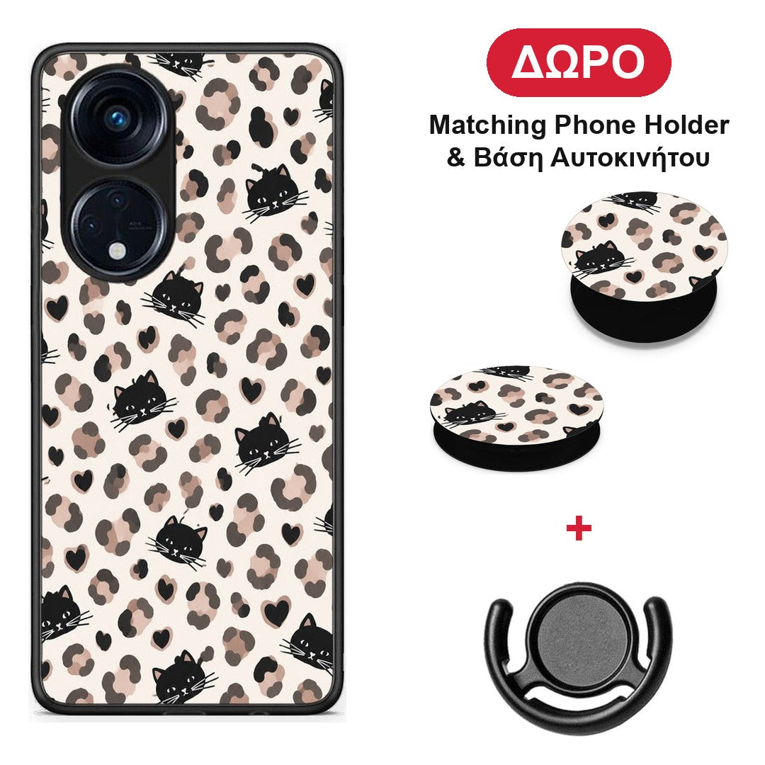 Leopard Spots and Black Cats on Cream - Oppo A98 θήκη + Δώρο Phone Holder & Βάση Αυτοκινήτου