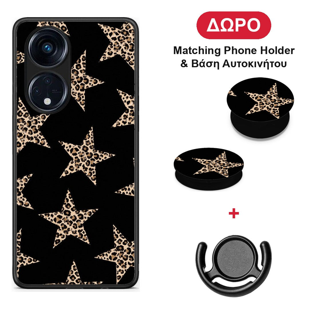 Leopard Stars on Black - Oppo A98 θήκη + Δώρο Phone Holder & Βάση Αυτοκινήτου