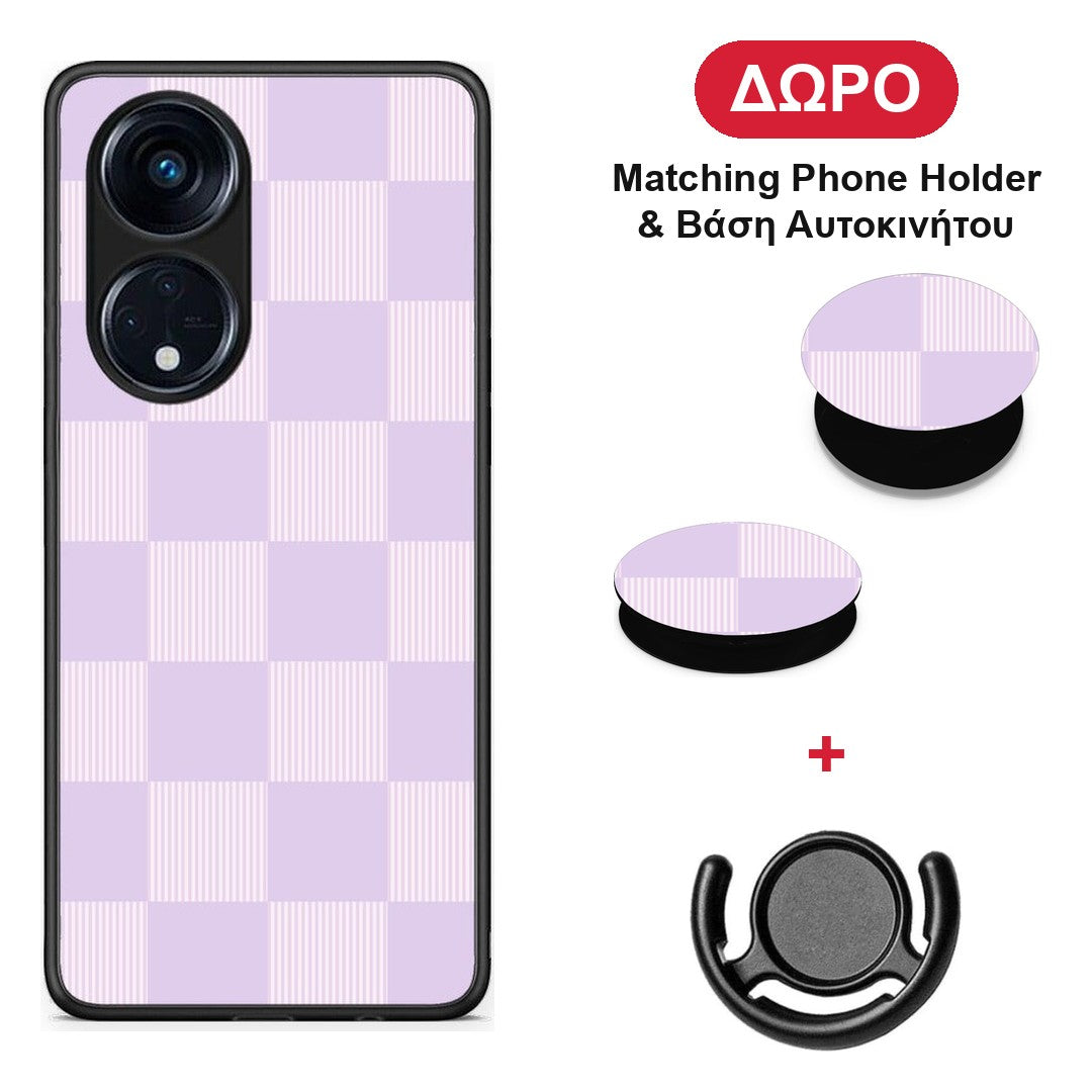 Lilac and Cream Striped Checks - Oppo A98 θήκη + Δώρο Phone Holder & Βάση Αυτοκινήτου