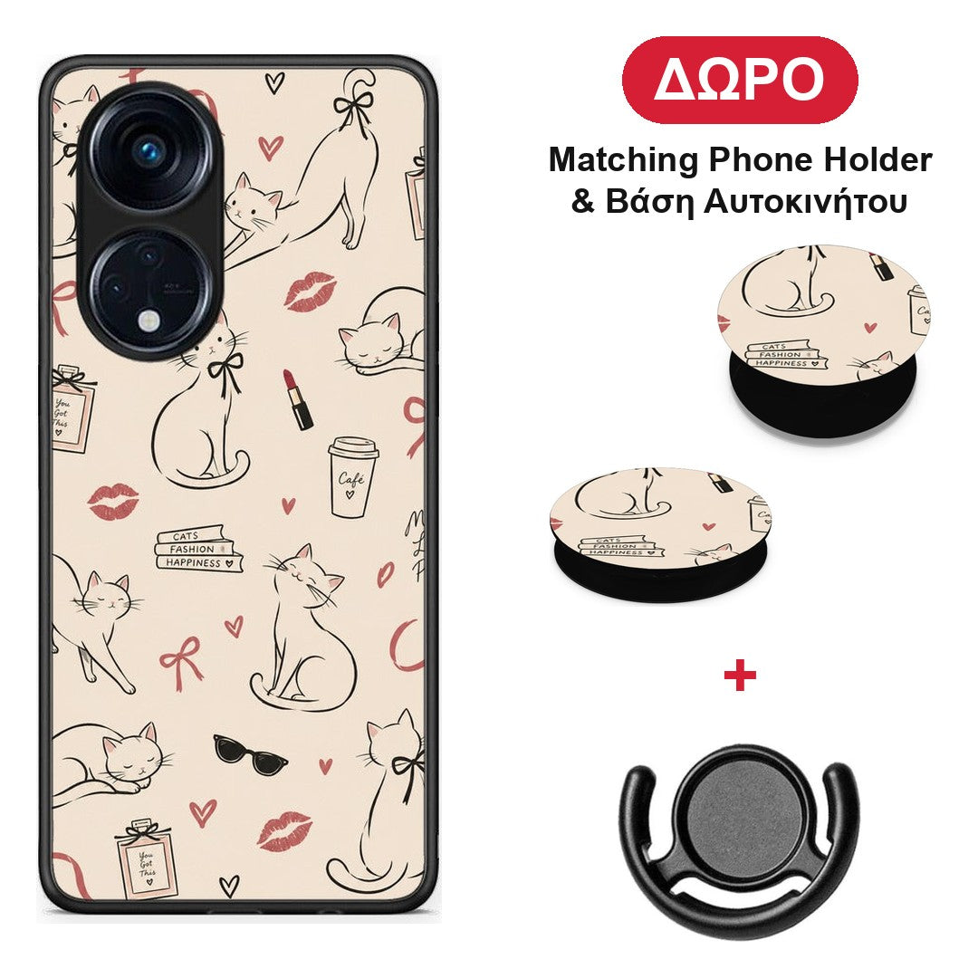 Minimal Cat and Fashion Doodles on Cream - Oppo A98 θήκη + Δώρο Phone Holder & Βάση Αυτοκινήτου