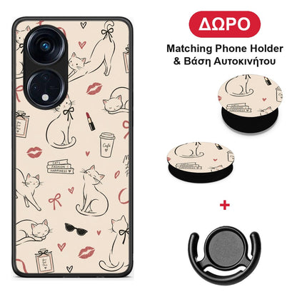 Minimal Cat and Fashion Doodles on Cream - Oppo A98 θήκη + Δώρο Phone Holder & Βάση Αυτοκινήτου