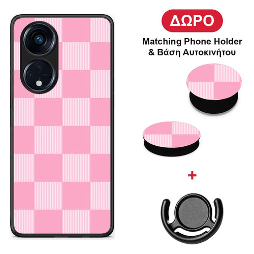 Pink and White Striped Checks - Oppo A98 θήκη + Δώρο Phone Holder & Βάση Αυτοκινήτου