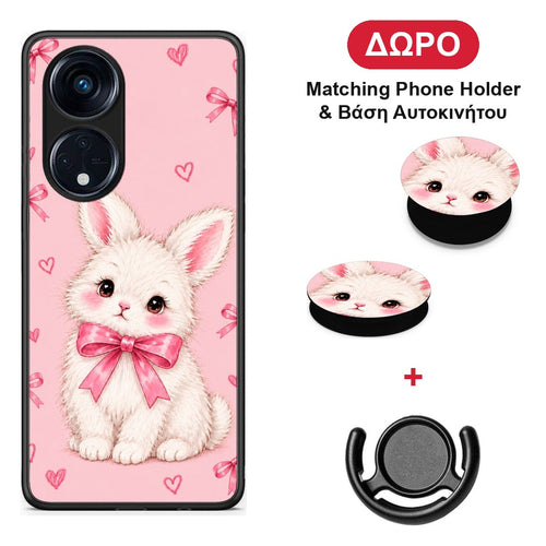 White Bunny and Pink Bows - Oppo A98 θήκη + Δώρο Phone Holder & Βάση Αυτοκινήτου