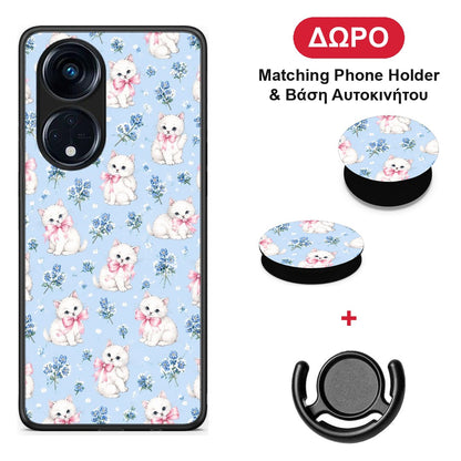 White Kittens and Blue Flowers Small - Oppo A98 θήκη + Δώρο Phone Holder & Βάση Αυτοκινήτου