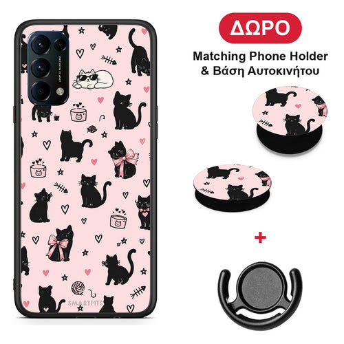 Black Cat Doodles on Pink - Oppo Find X3 Lite / Reno 5 5G / Reno 5 4G θήκη + Δώρο Phone Holder & Βάση Αυτοκινήτου