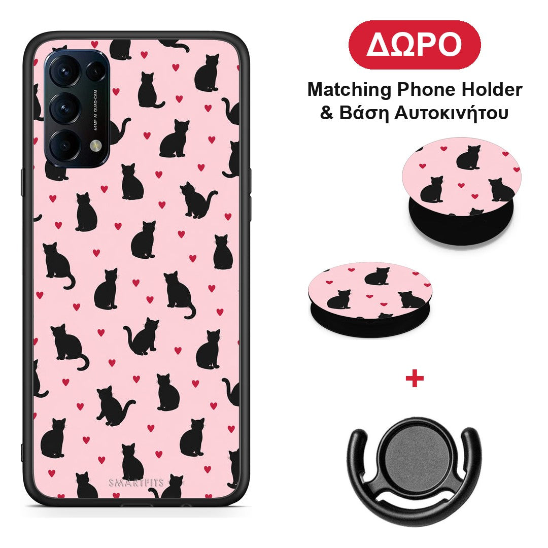 Black Cat Silhouettes and Hearts on Pink - Oppo Find X3 Lite / Reno 5 5G / Reno 5 4G θήκη + Δώρο Phone Holder & Βάση Αυτοκινήτου