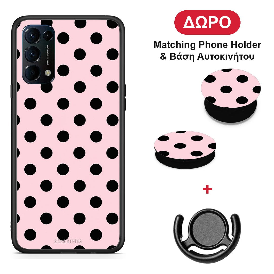 Black Polka Dots on Pink - Oppo Find X3 Lite / Reno 5 5G / Reno 5 4G θήκη + Δώρο Phone Holder & Βάση Αυτοκινήτου