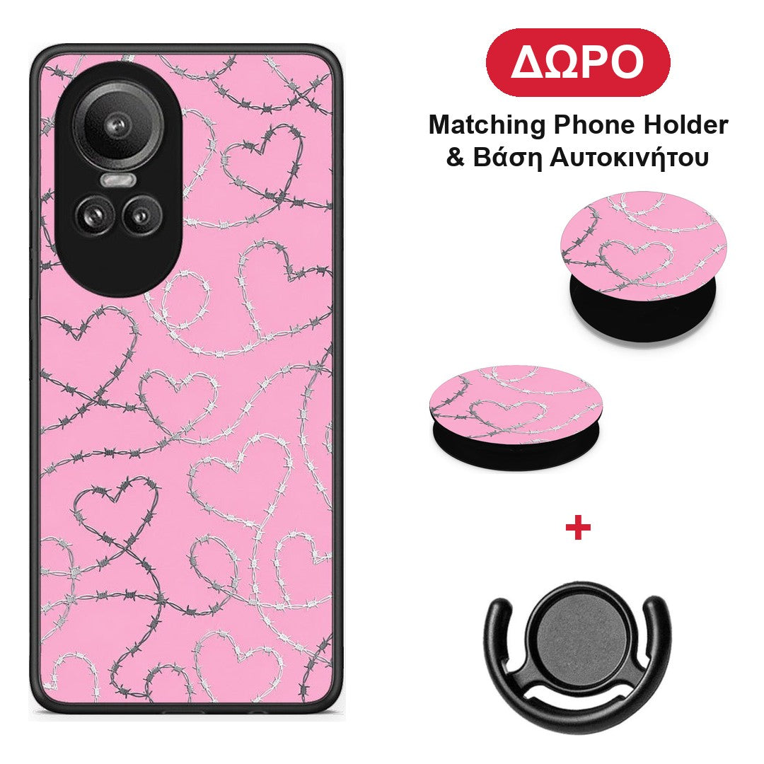 Barbed Wire Hearts on Pink - Oppo Reno10 Pro θήκη + Δώρο Phone Holder & Βάση Αυτοκινήτου