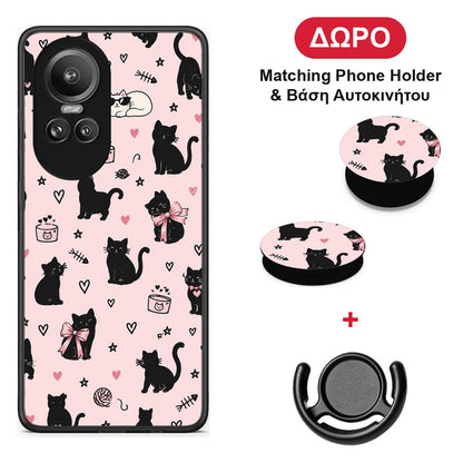Black Cat Doodles on Pink - Oppo Reno10 Pro θήκη + Δώρο Phone Holder & Βάση Αυτοκινήτου