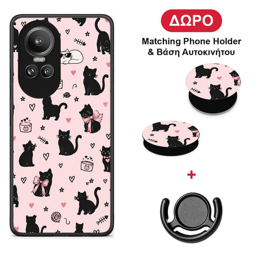 Black Cat Doodles on Pink - Oppo Reno10 Pro θήκη + Δώρο Phone Holder & Βάση Αυτοκινήτου