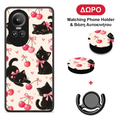 Black Kittens and Cherries on Cream - Oppo Reno10 Pro θήκη + Δώρο Phone Holder & Βάση Αυτοκινήτου