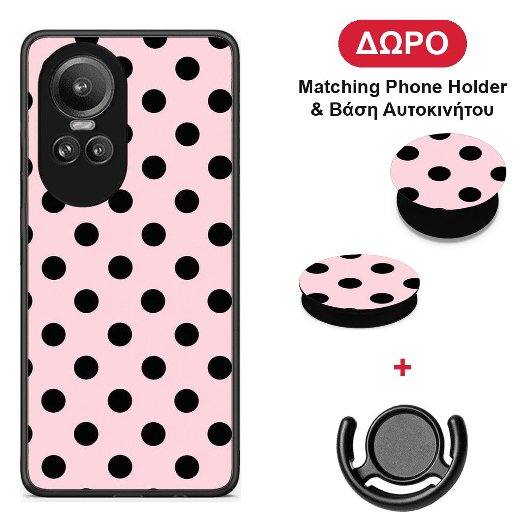 Black Polka Dots on Pink - Oppo Reno10 Pro θήκη + Δώρο Phone Holder & Βάση Αυτοκινήτου