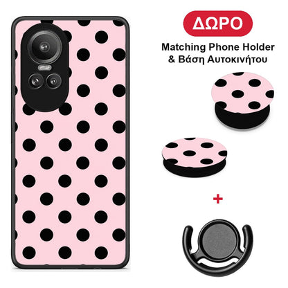 Black Polka Dots on Pink - Oppo Reno10 Pro θήκη + Δώρο Phone Holder & Βάση Αυτοκινήτου