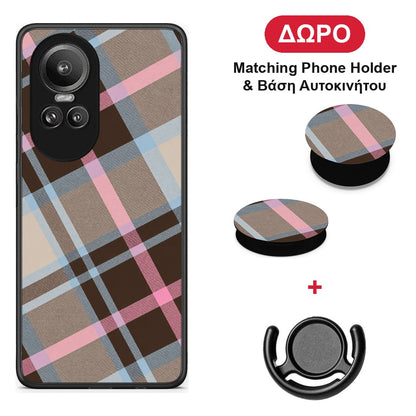 Brown Pink and Blue Diagonal Plaid - Oppo Reno10 Pro θήκη + Δώρο Phone Holder & Βάση Αυτοκινήτου