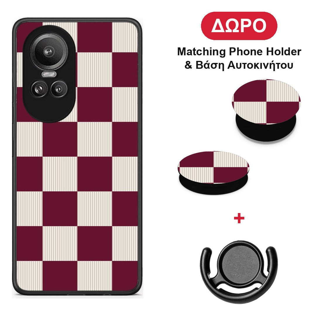 Burgundy and Cream Striped Checks - Oppo Reno10 Pro θήκη + Δώρο Phone Holder & Βάση Αυτοκινήτου