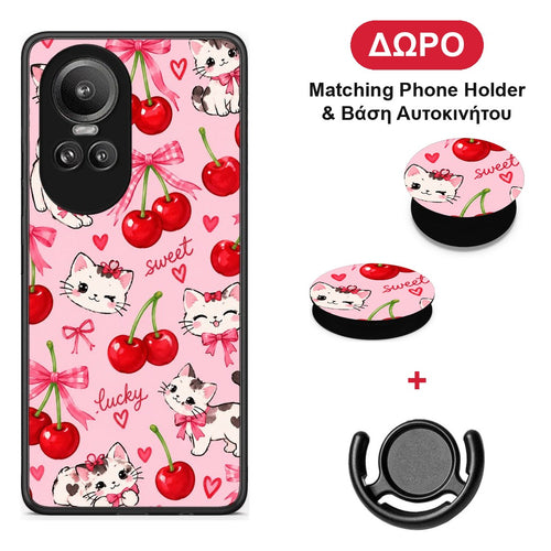 Cherries Bows and Kittens on Pink - Oppo Reno10 Pro θήκη + Δώρο Phone Holder & Βάση Αυτοκινήτου