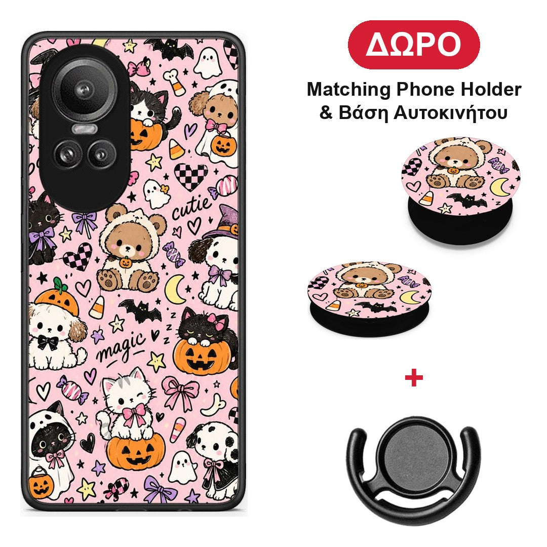 Halloween Cute Animals on Pink - Oppo Reno10 Pro θήκη + Δώρο Phone Holder & Βάση Αυτοκινήτου