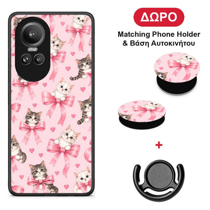 Kittens and Pink Bows on Pink - Oppo Reno10 Pro θήκη + Δώρο Phone Holder & Βάση Αυτοκινήτου