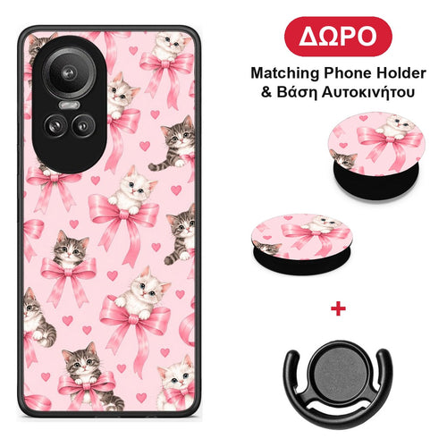 Kittens and Pink Bows on Pink - Oppo Reno10 Pro θήκη + Δώρο Phone Holder & Βάση Αυτοκινήτου