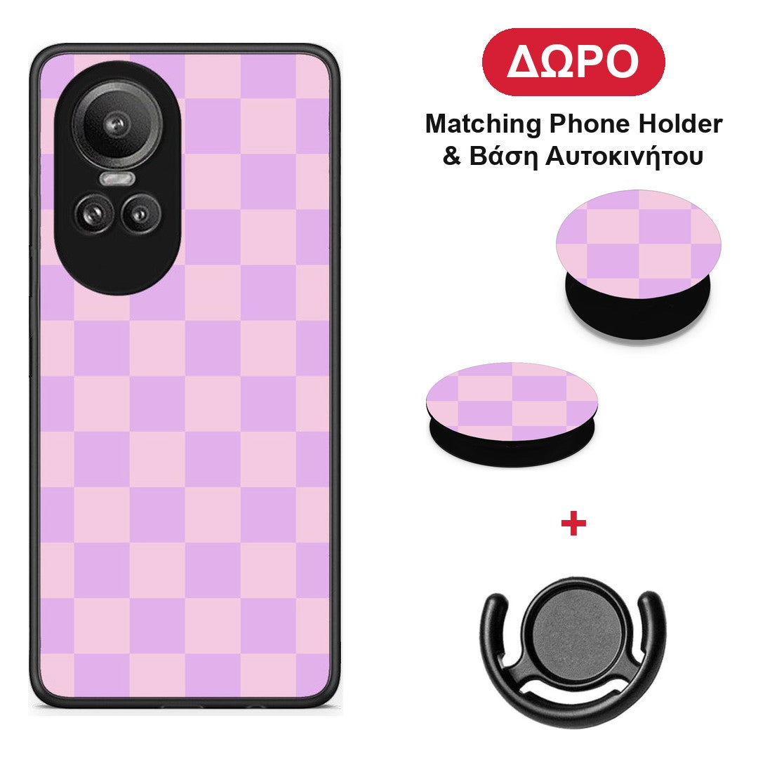 Lavender and Pink Checkerboard - Oppo Reno10 Pro θήκη + Δώρο Phone Holder & Βάση Αυτοκινήτου