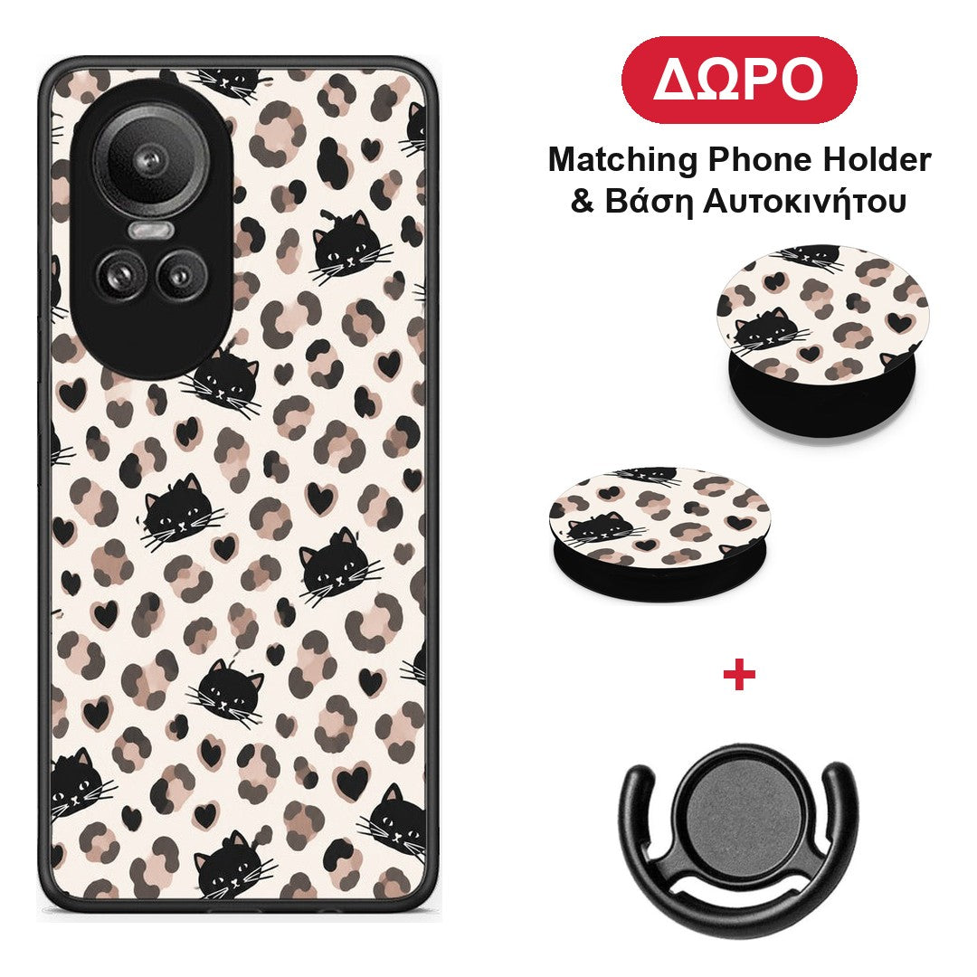 Leopard Spots and Black Cats on Cream - Oppo Reno10 Pro θήκη + Δώρο Phone Holder & Βάση Αυτοκινήτου