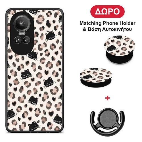 Leopard Spots and Black Cats on Cream - Oppo Reno10 Pro θήκη + Δώρο Phone Holder & Βάση Αυτοκινήτου