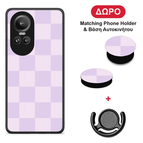 Lilac and Cream Striped Checks - Oppo Reno10 Pro θήκη + Δώρο Phone Holder & Βάση Αυτοκινήτου