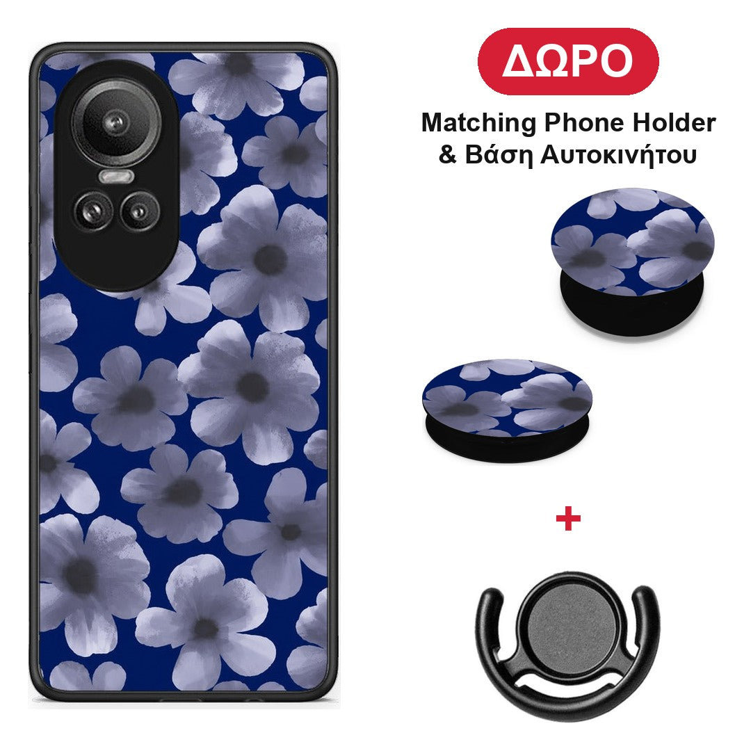 Pale Blue Flowers on Navy - Oppo Reno10 Pro θήκη + Δώρο Phone Holder & Βάση Αυτοκινήτου