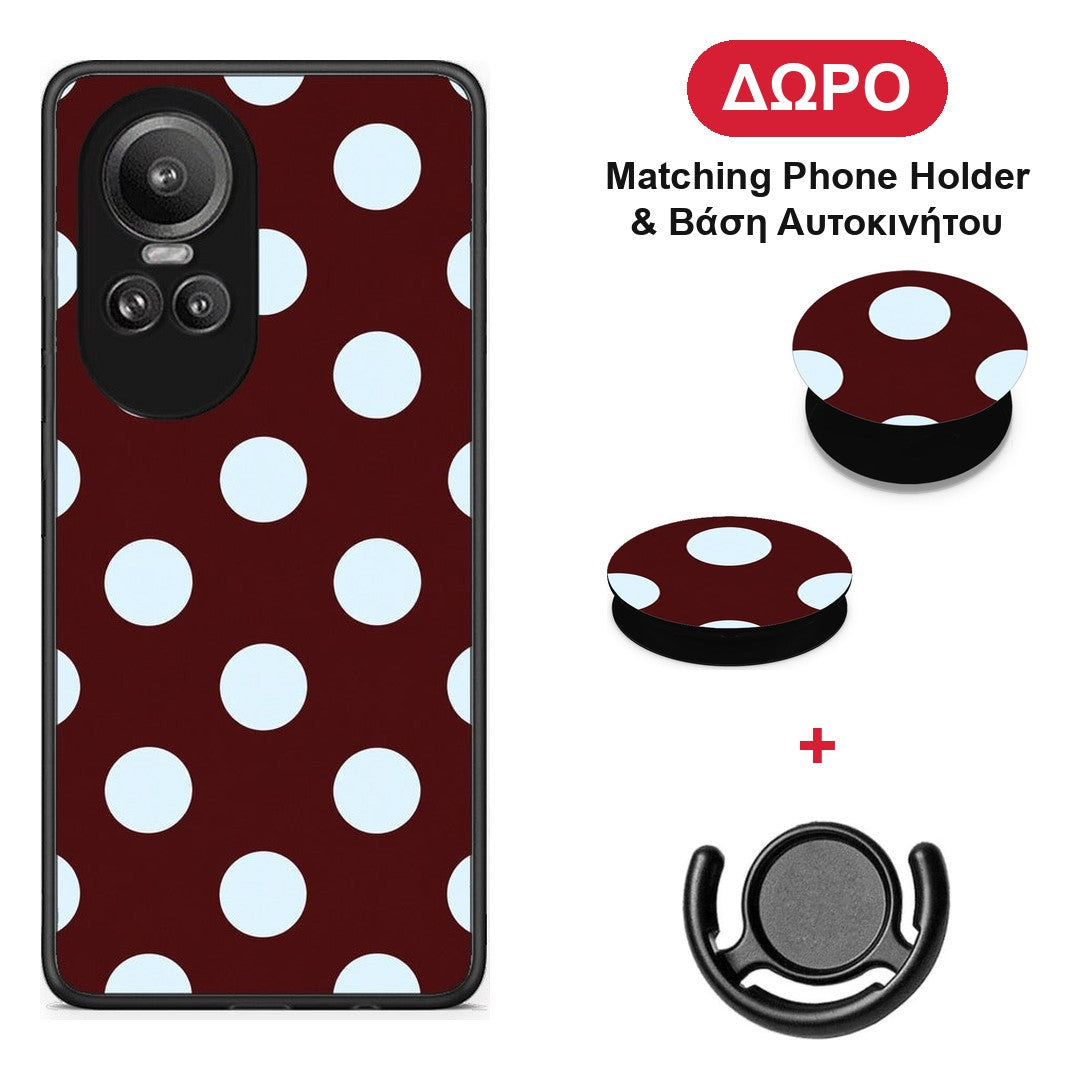 Pale Blue Large Polka Dots on Burgundy - Oppo Reno10 Pro θήκη + Δώρο Phone Holder & Βάση Αυτοκινήτου