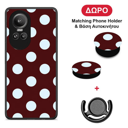 Pale Blue Large Polka Dots on Burgundy - Oppo Reno10 Pro θήκη + Δώρο Phone Holder & Βάση Αυτοκινήτου
