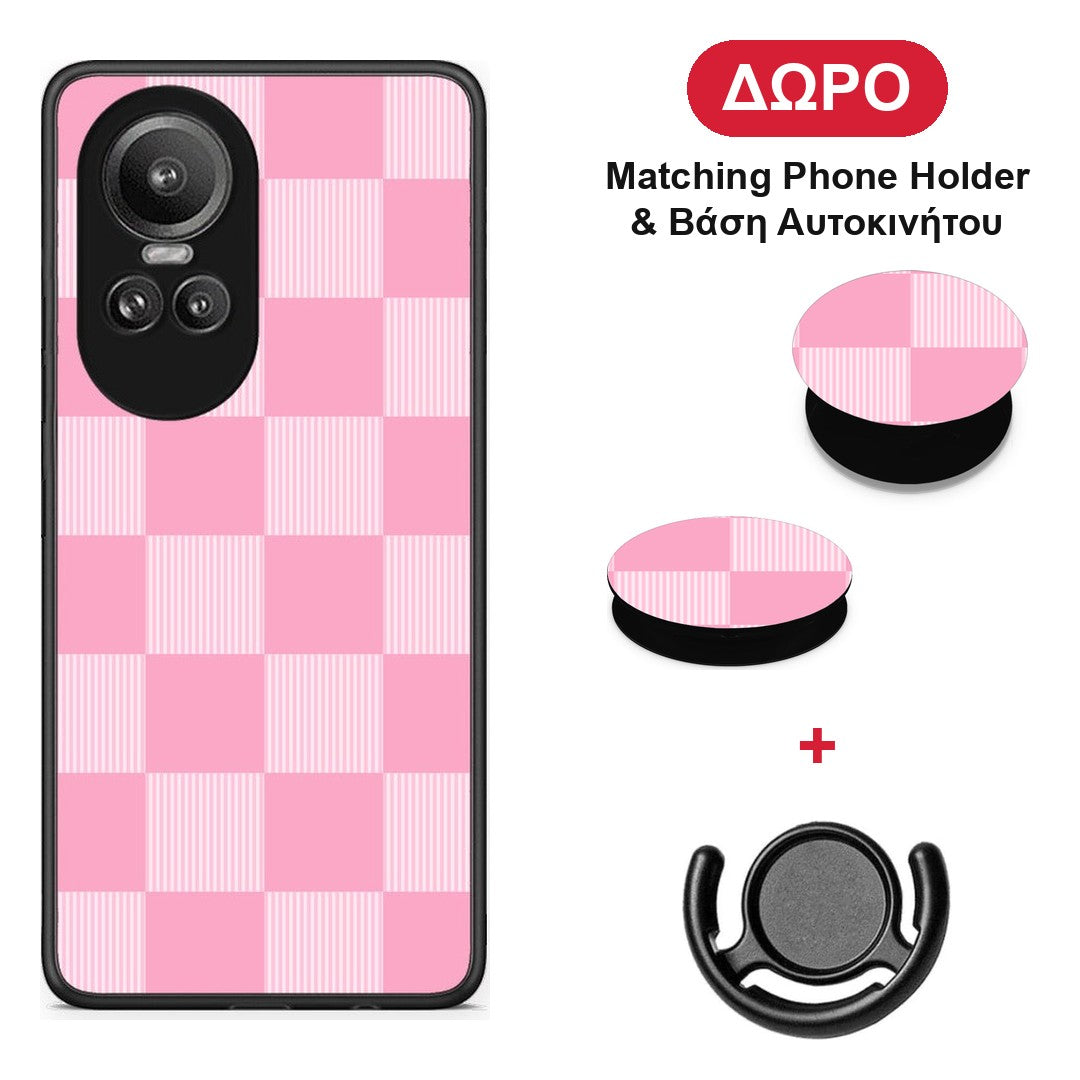 Pink and White Striped Checks - Oppo Reno10 Pro θήκη + Δώρο Phone Holder & Βάση Αυτοκινήτου