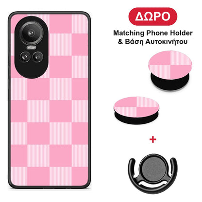 Pink and White Striped Checks - Oppo Reno10 Pro θήκη + Δώρο Phone Holder & Βάση Αυτοκινήτου