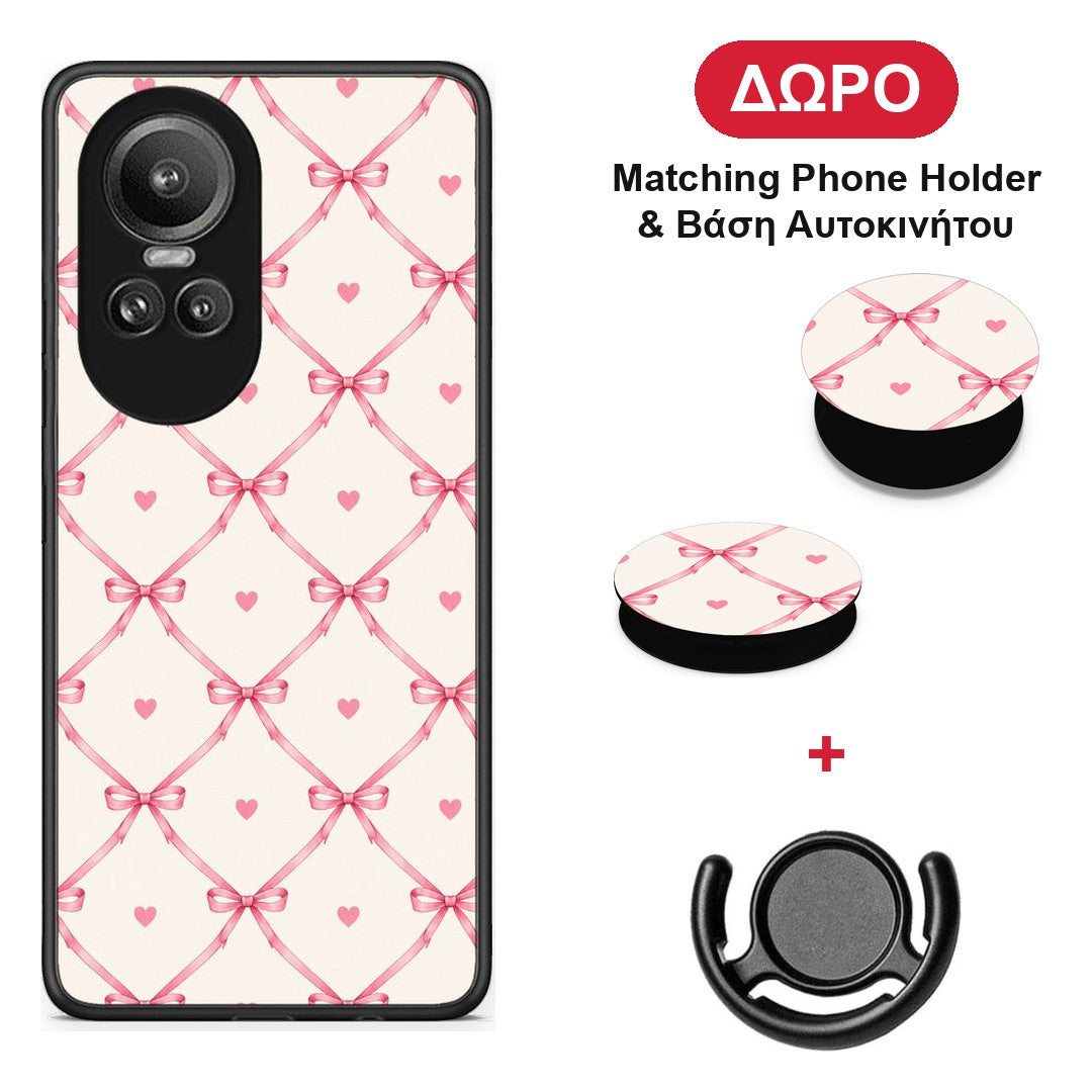 Pink Bow Lattice and Hearts on Cream - Oppo Reno10 Pro θήκη + Δώρο Phone Holder & Βάση Αυτοκινήτου