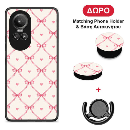 Pink Bow Lattice and Hearts on Cream - Oppo Reno10 Pro θήκη + Δώρο Phone Holder & Βάση Αυτοκινήτου