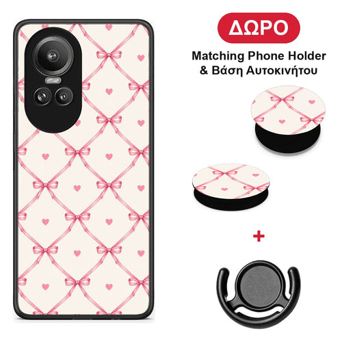 Pink Bow Lattice and Hearts on Cream - Oppo Reno10 Pro θήκη + Δώρο Phone Holder & Βάση Αυτοκινήτου