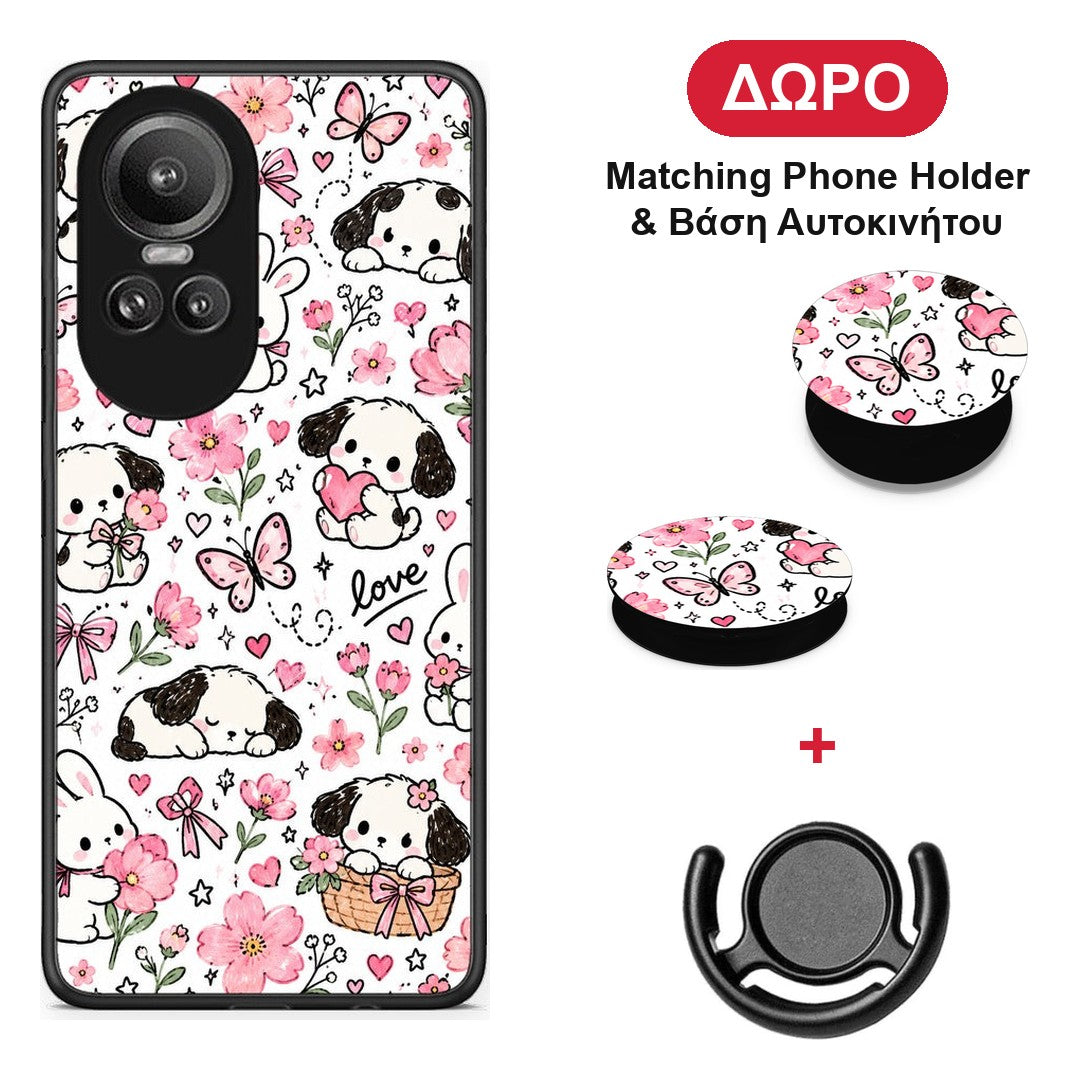 Pink Florals Puppies and Bunnies on White - Oppo Reno10 Pro θήκη + Δώρο Phone Holder & Βάση Αυτοκινήτου