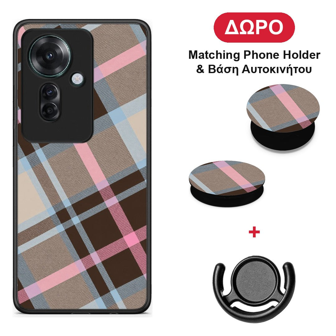 Brown Pink and Blue Diagonal Plaid - Oppo Reno11 F 5G θήκη + Δώρο Phone Holder & Βάση Αυτοκινήτου