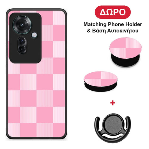 Pink and White Striped Checks - Oppo Reno11 F 5G θήκη + Δώρο Phone Holder & Βάση Αυτοκινήτου