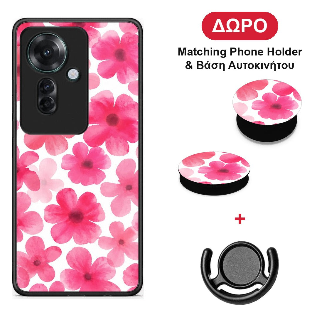 Pink Watercolour Flowers on White - Oppo Reno11 F 5G θήκη + Δώρο Phone Holder & Βάση Αυτοκινήτου